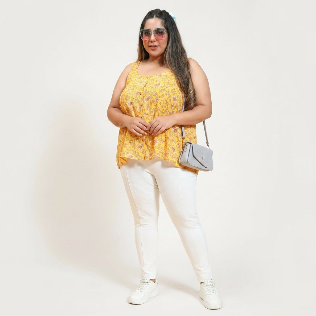 Plus Size Yellow Floral Print Viscose Top