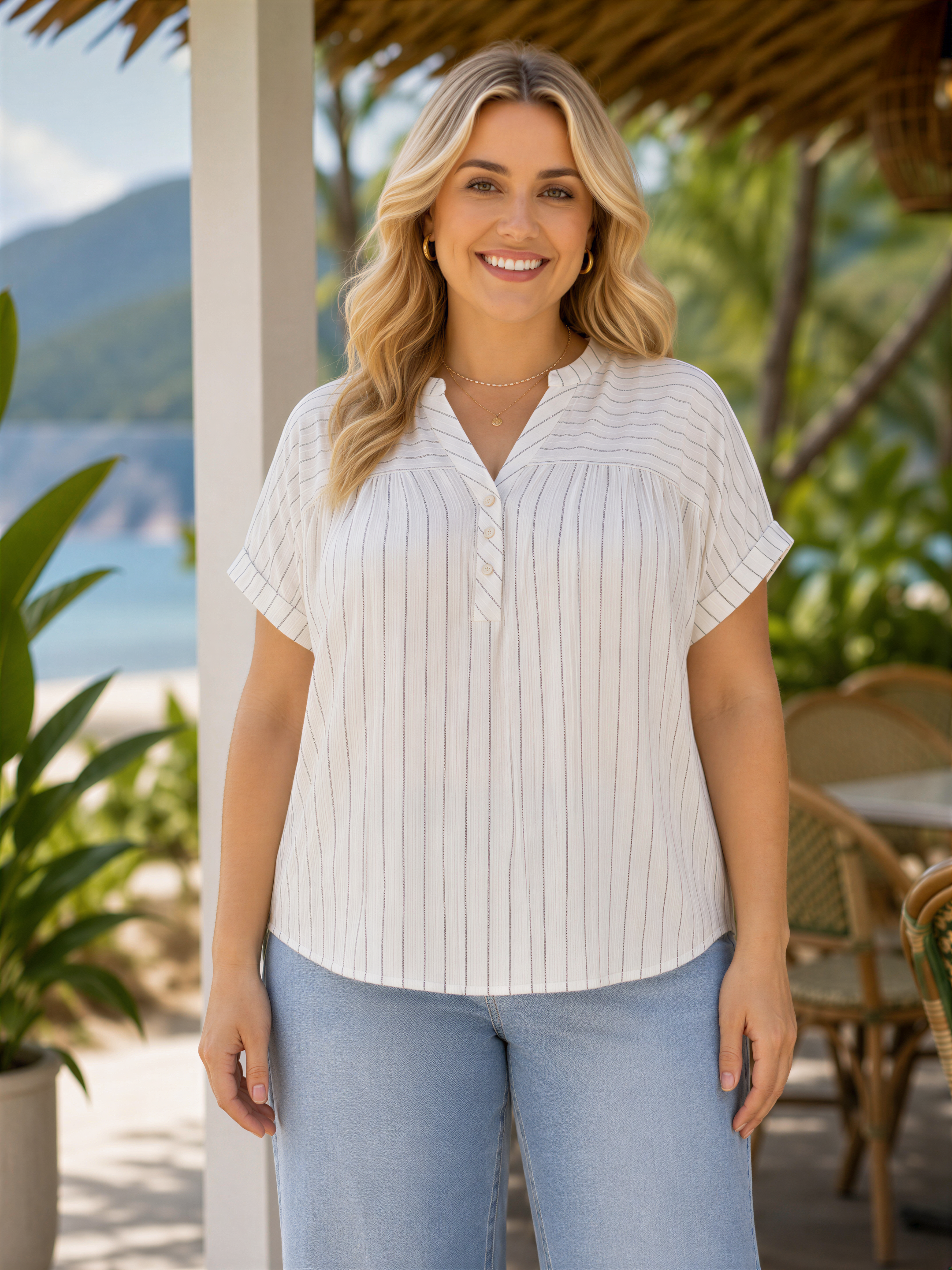 A woman with long blonde hair is standing in front of a tropical beach setting, wearing a white striped blouse and blue jeans.
