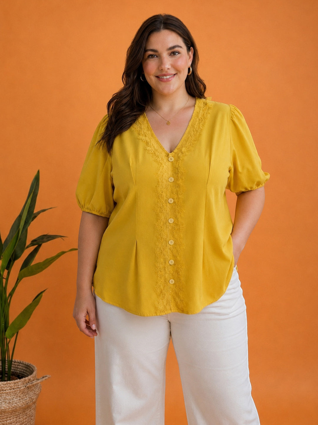 Women Plus Size Yellow Top Oxolloxo