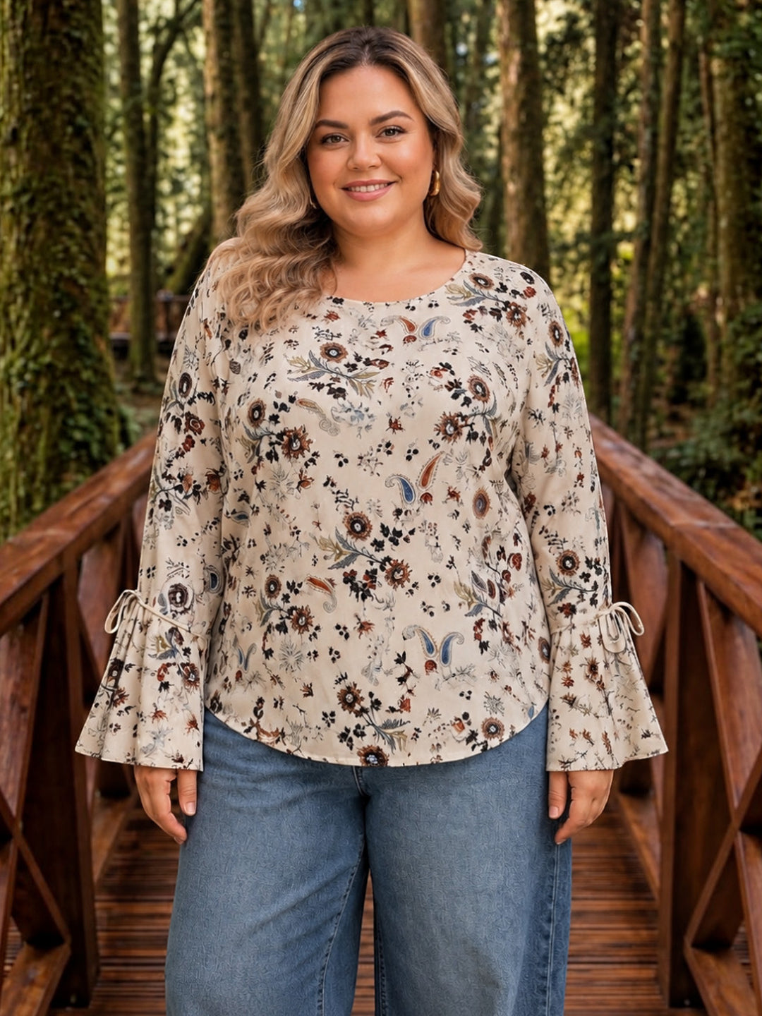 Women Plus Size White Floral Print Round Neck Long Tie-UP Detail Bell Sleeve Top