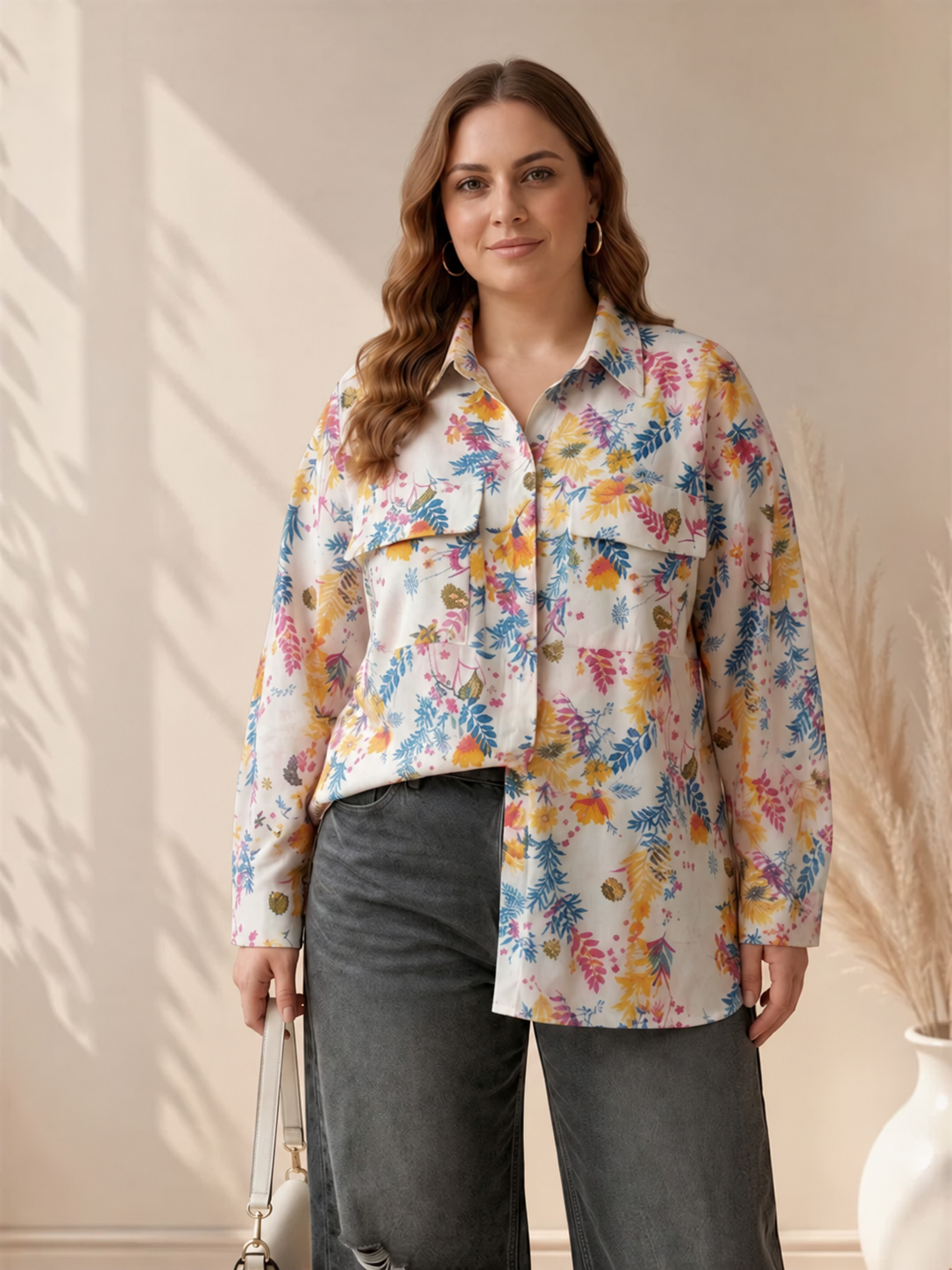 Women Plus Size Multicolor Floral Print Shirt Oxolloxo