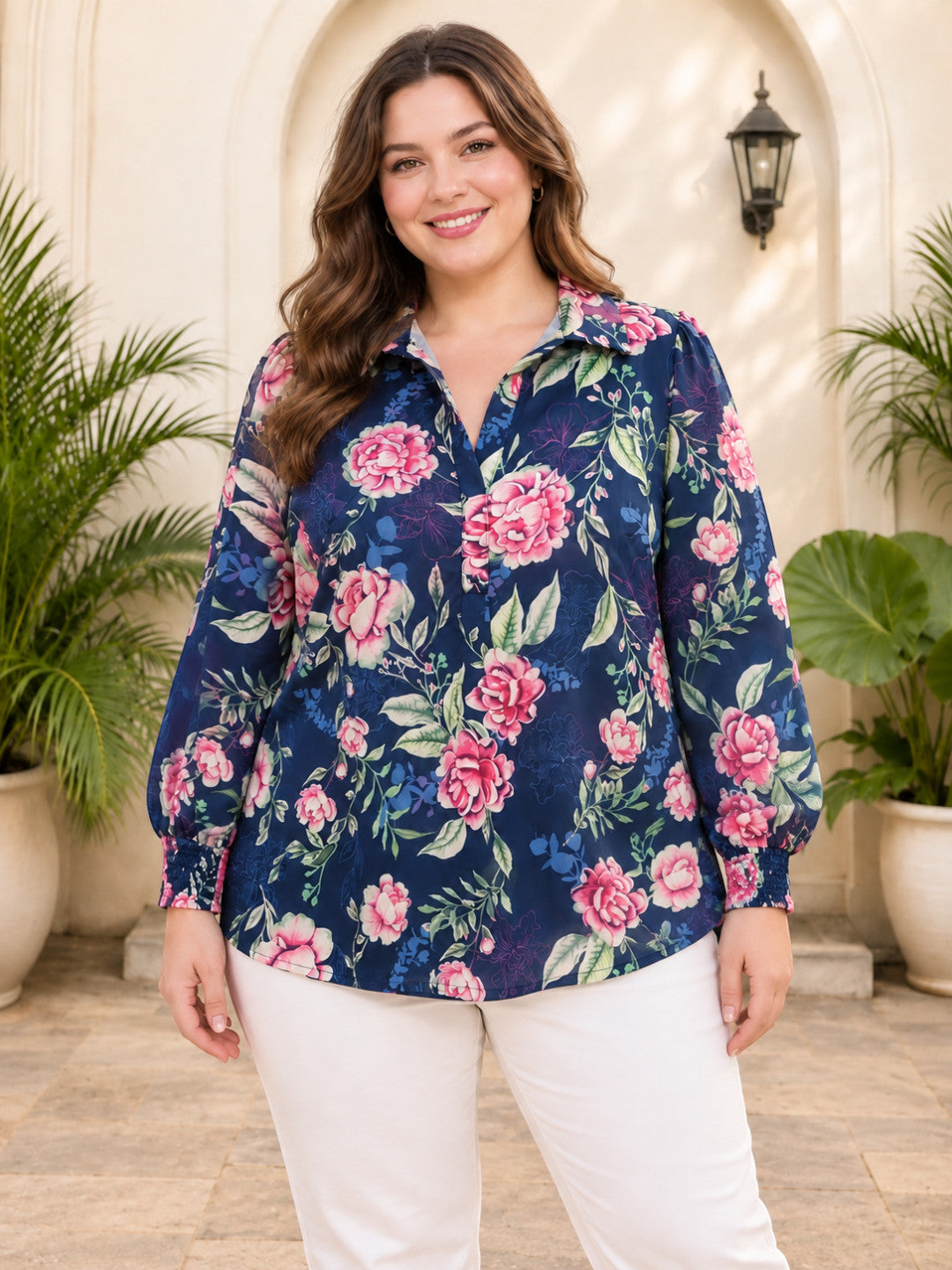 Women Plus Size Blue Floral Print V-Neck Collared Long Sleeve Smocked Poly Dobby Top