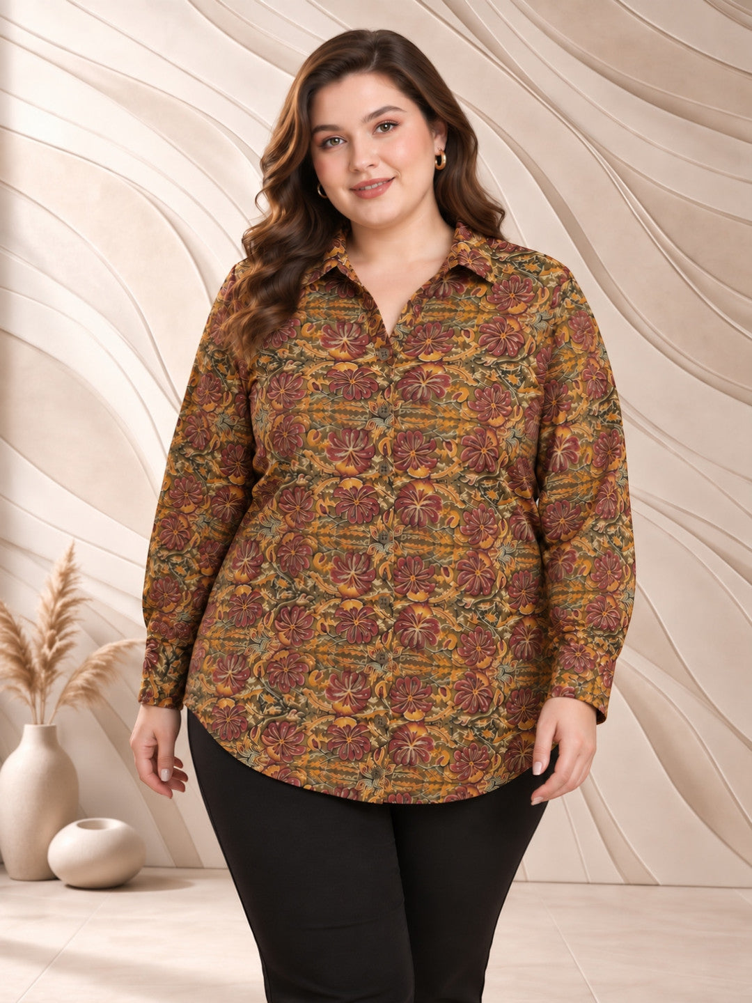 Women Plus Size Multicolor Floral Print Collared Long Sleeve Button-Down Cotton Shirt
