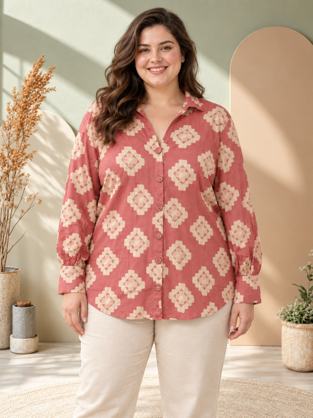 Women Plus Size Pink Geometric Medallion Print Collared Button-Down Cotton Shirt