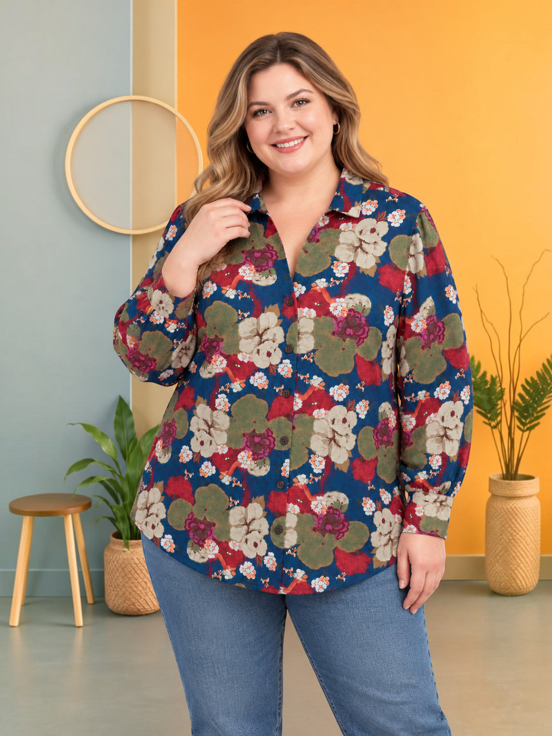 Women Plus Size Multicolor Geometric Floral Print Collared Long Sleeve Button-Down Cotton Shirt