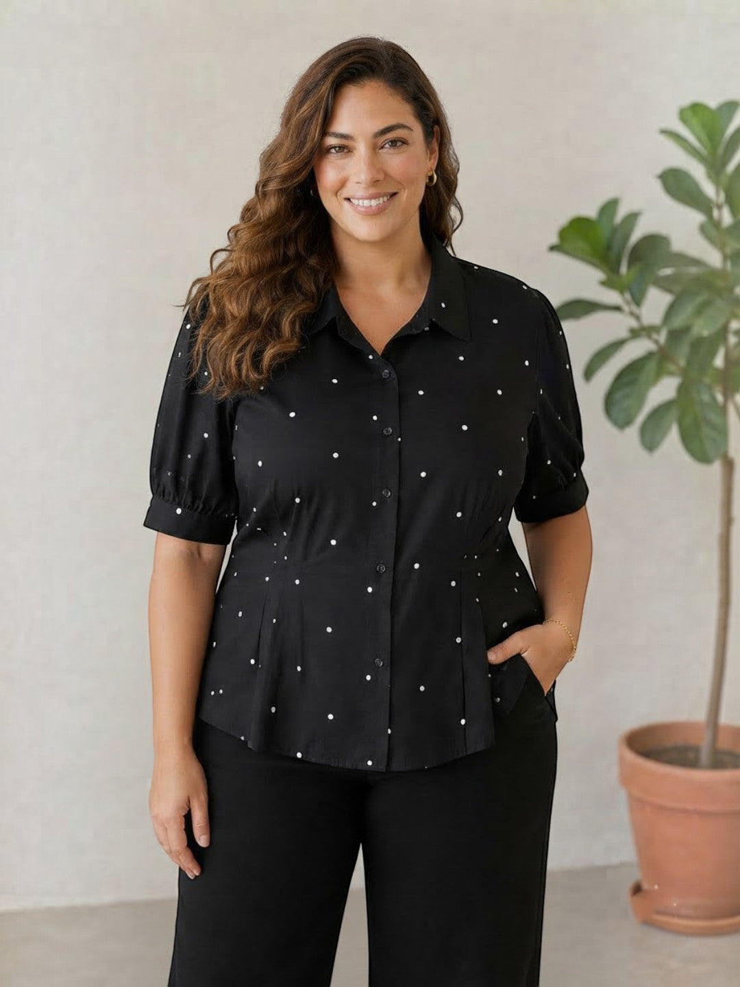 Women Plus Size Black Polka Dot Short Sleeve Viscose Shirt with Pleat Detail