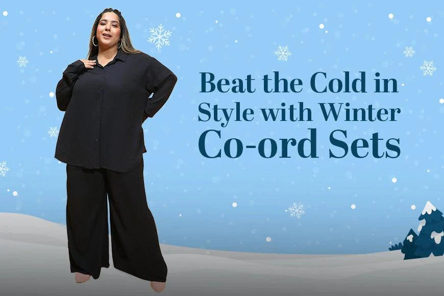 Plus size woman in black winter co-ord set against snowy background with winter fashion text