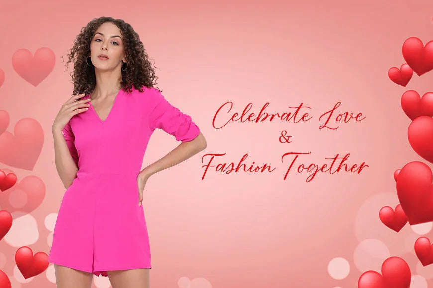 Woman in bright pink romper with curly hair, romantic heart background, celebrate love fashion