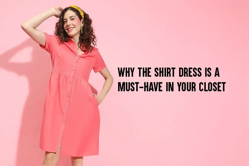 Smiling woman in a pink button-down shirt dress with short sleeves on a pink background