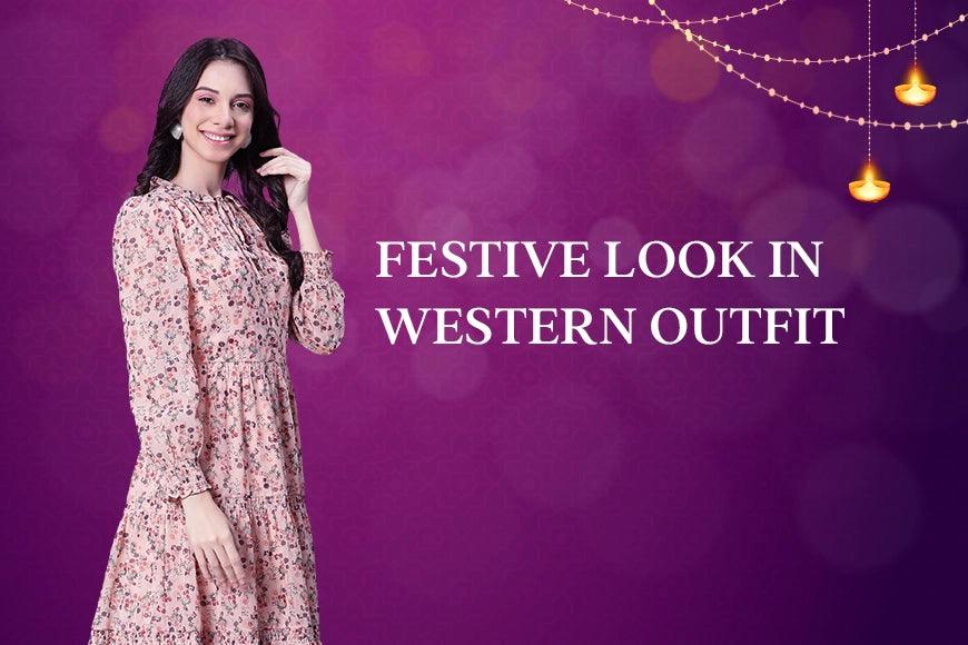 Woman in floral print western dress posing with festive decor and purple background
