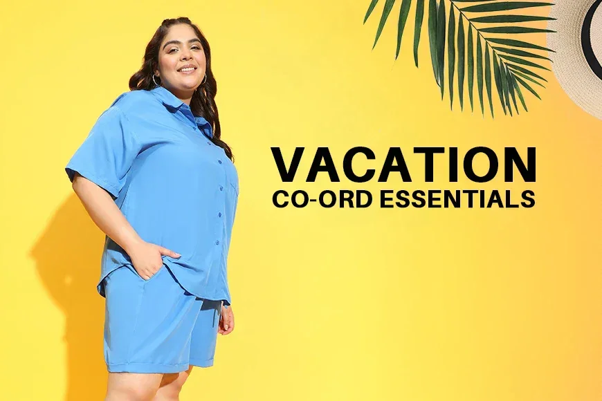 Plus size woman in blue co-ord set with vacation essentials text on yellow background