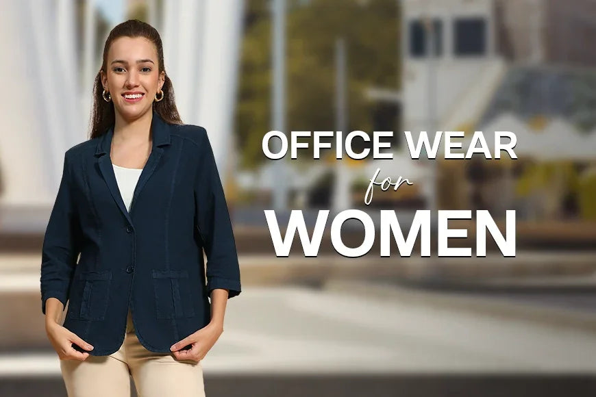 Woman in navy blazer and beige pants, stylish office wear for women, outdoor setting