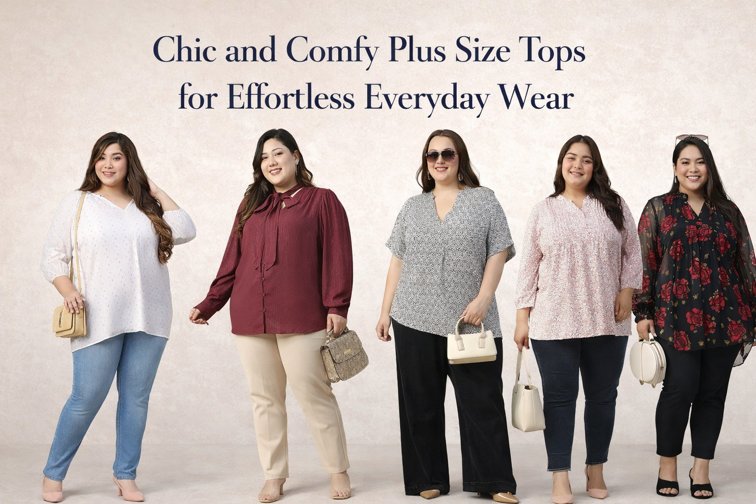 Five women modeling stylish plus size tops and casual outfits for everyday fashion
