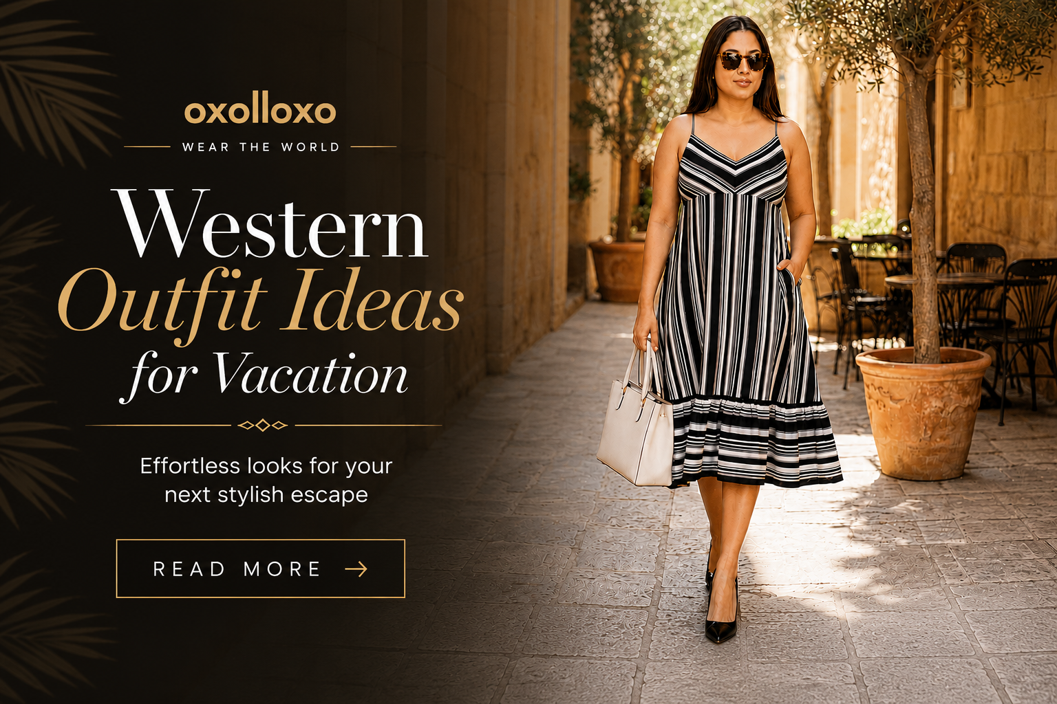 Woman in black and white striped dress, sunglasses, and heels walking outdoors for vacation outfit ideas