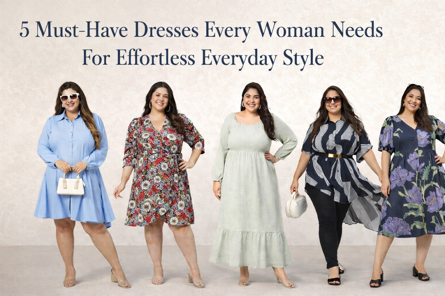 Five plus size women modeling trendy everyday dresses in various colors and prints