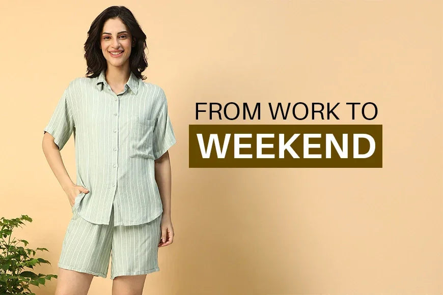 Smiling woman in light green striped shorts set, relaxed casual women's loungewear