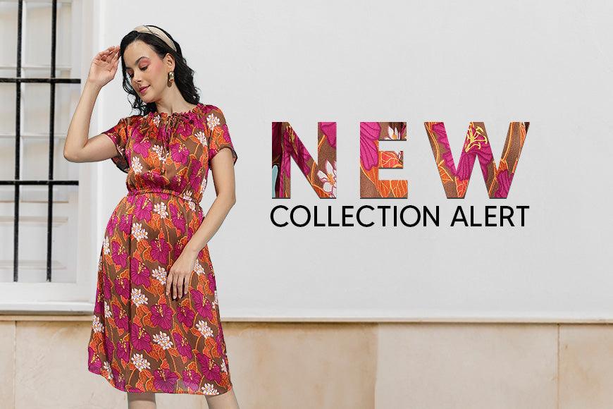 Woman in a pink floral dress posing indoors next to text reading 'New Collection Alert'.