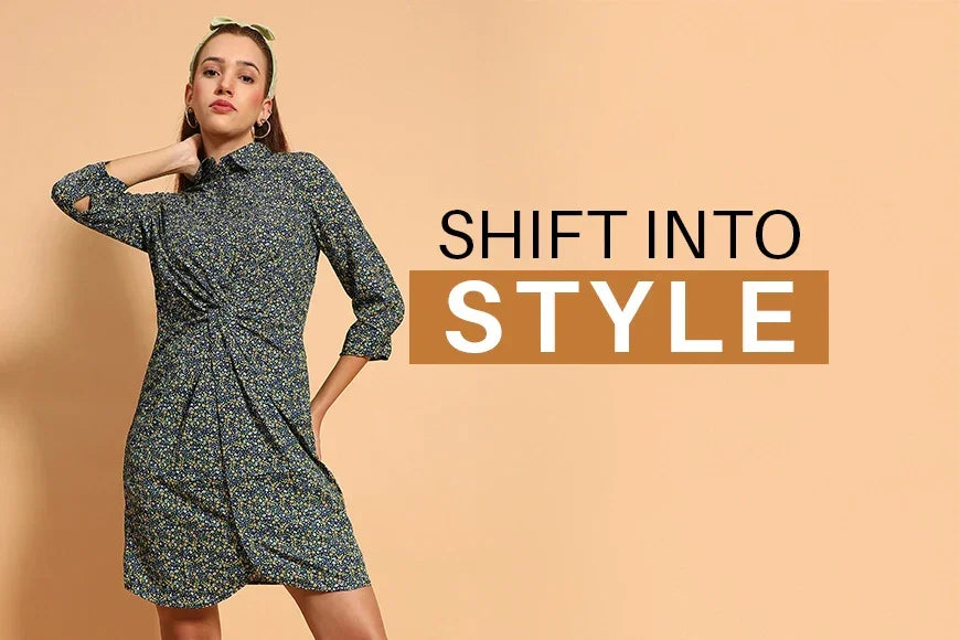 Woman in a floral printed shift dress with three-quarter sleeves posing against a beige background