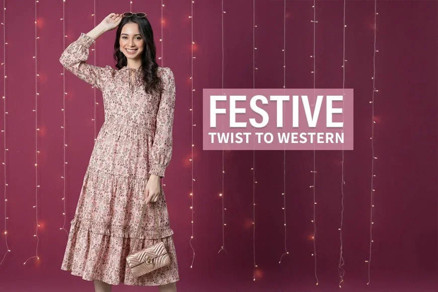 Woman in floral long-sleeve midi dress posing against pink festive lights backdrop