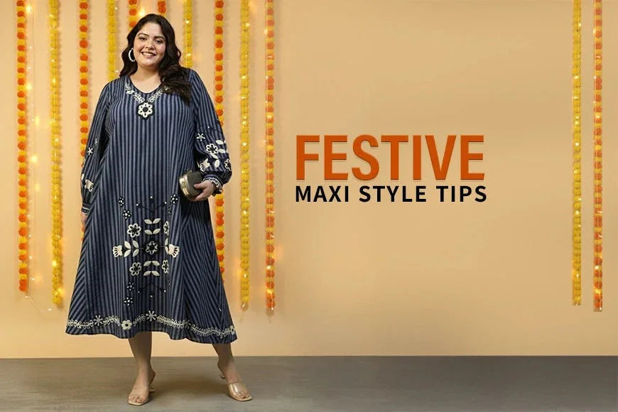 Smiling woman in a blue striped floral maxi dress holding a clutch, festive decor background