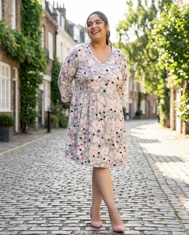 Plus size woman in a blue smocked midi dress with puff sleeves, holding a white handbag