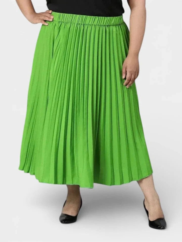 Plus size women's bright green pleated midi skirt with elastic waistband