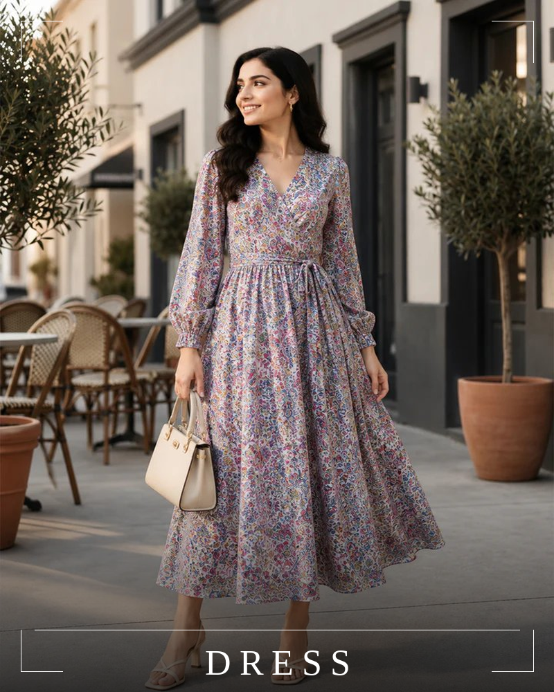 Woman in a vibrant orange and pink floral midi dress with three-quarter sleeves, holding a white purse
