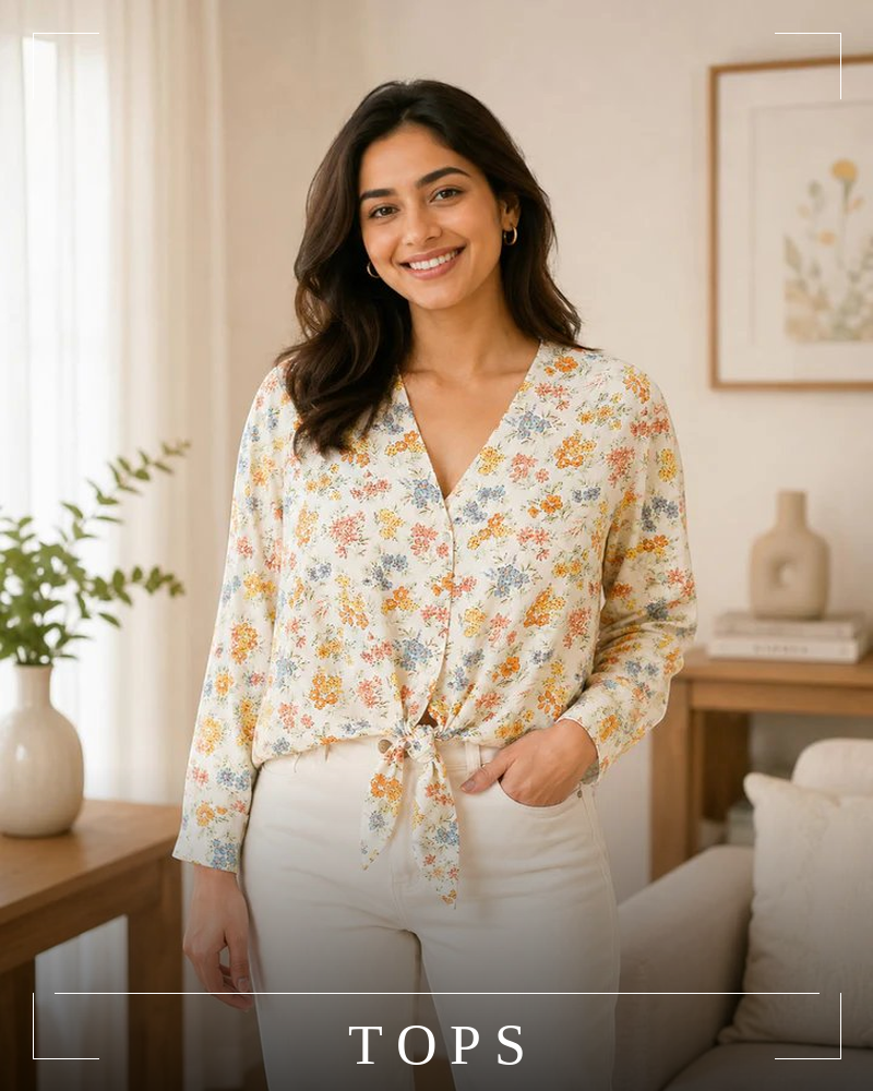 Woman wearing a sheer pink embroidered long sleeve blouse with blue jeans