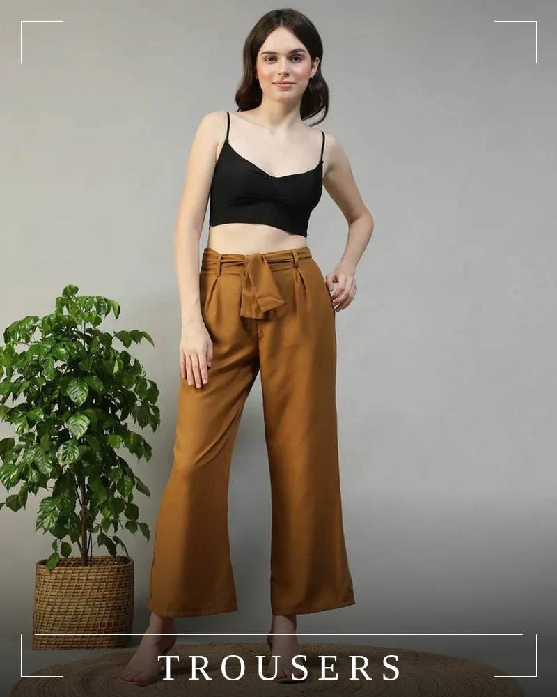 Women's magenta high-waist trousers with tie belt, relaxed fit, casual fashion clothing