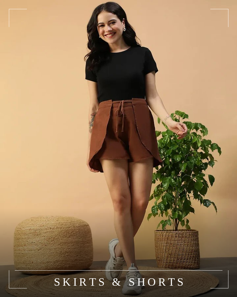 Woman wearing brown wrap shorts with tie waist, plus size summer fashion clothing