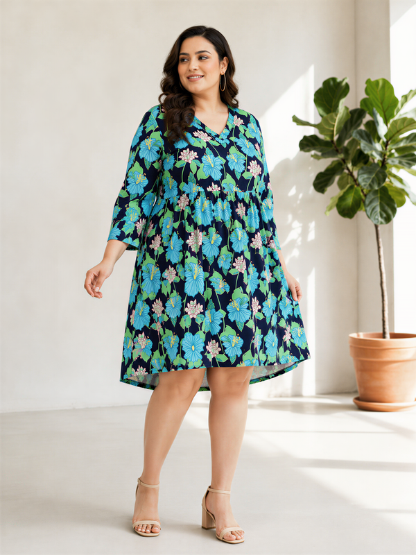 plus size multicolor floral print v neck long sleeve knee length dress