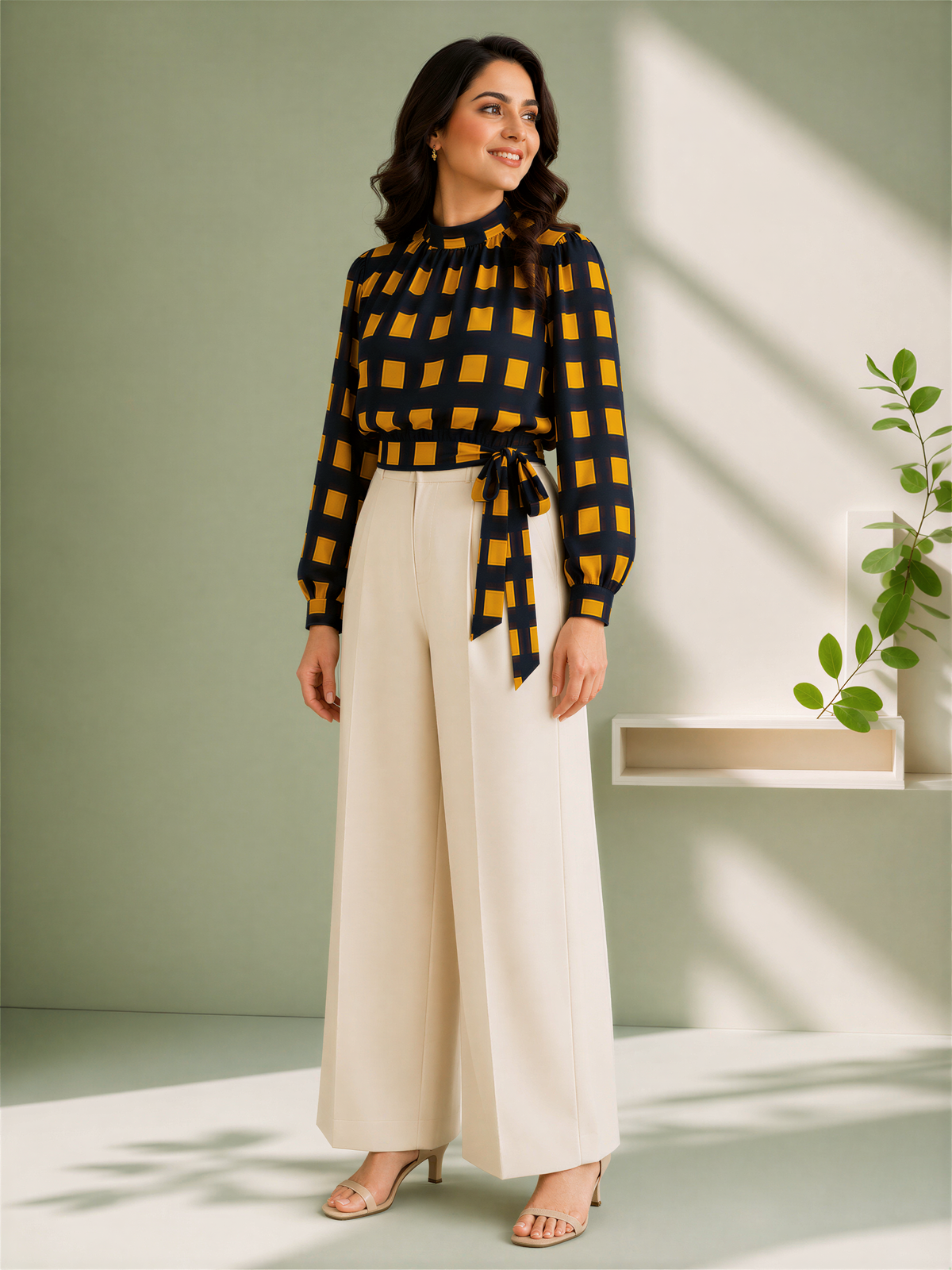 A woman wearing a black and yellow checkered blouse and beige wide leg pants stands in a studio setting, smiling and looking to her left.