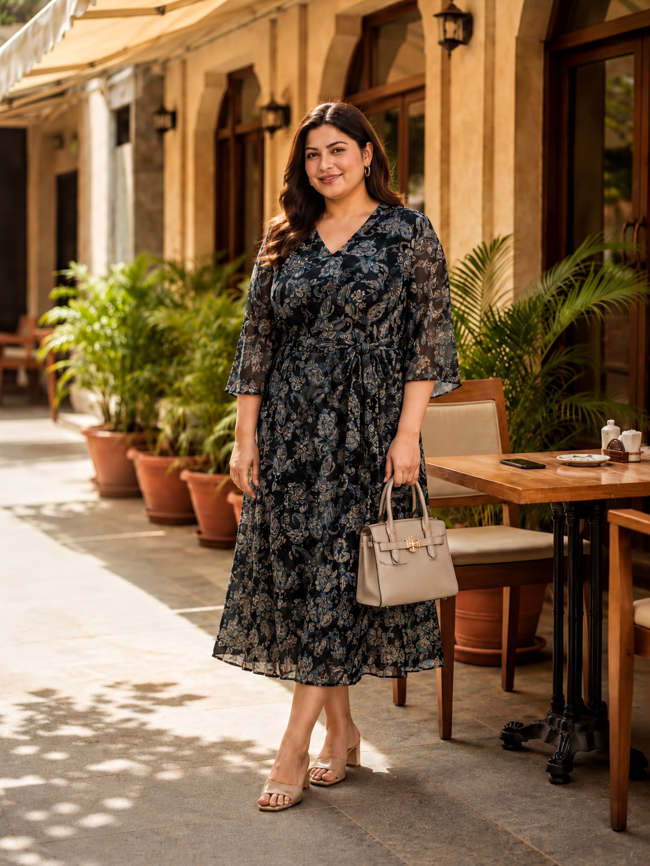 A woman in a black and blue floral dress stands on a sidewalk, holding a beige handbag and smiling at the camera.