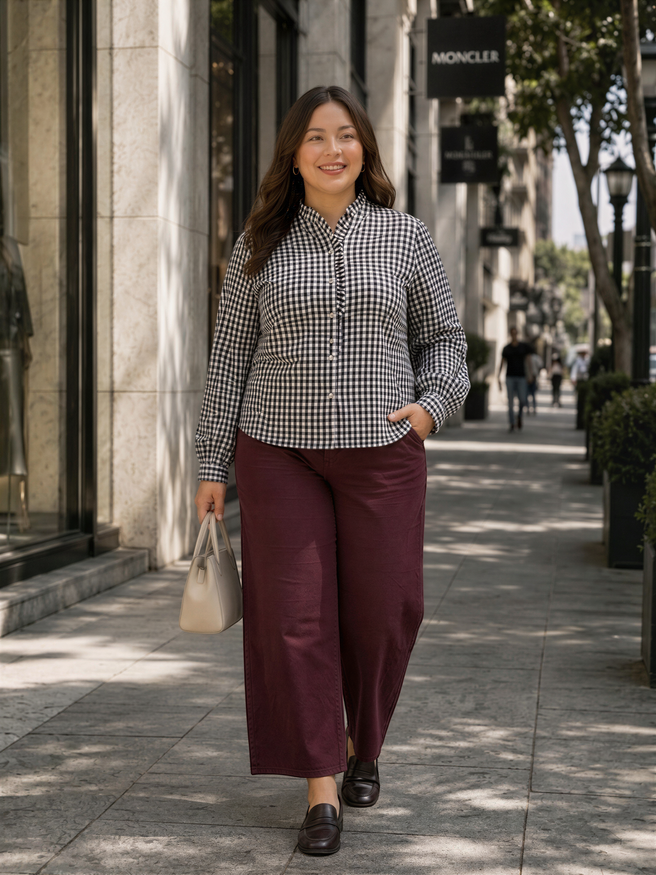 A woman wearing a black and white checkered shirt and burgundy pants is walking down a city sidewalk, carrying a beige handbag.