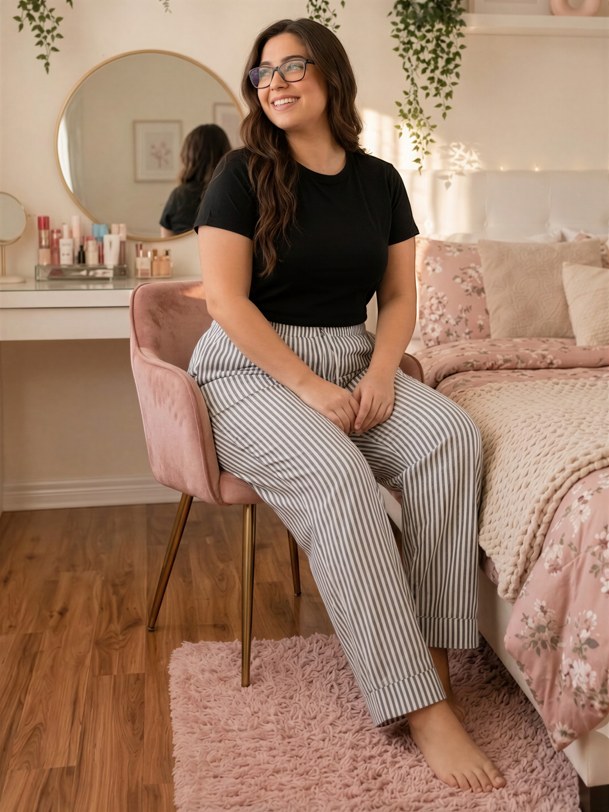 A woman in a black top and striped pants is sitting on a pink chair in a bedroom with a bed, mirror, and plants in the background.