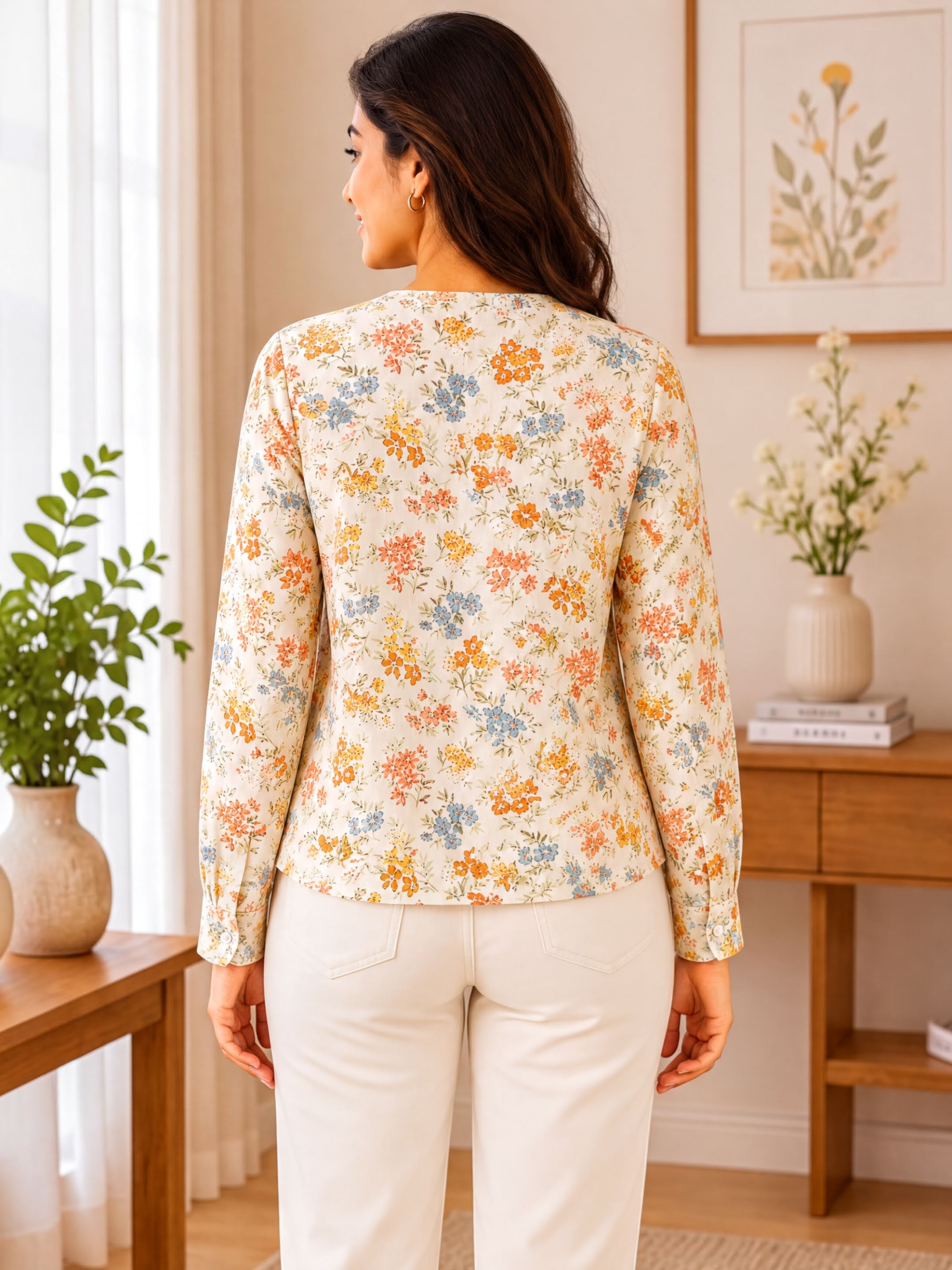 A woman wearing a floral print blouse stands in a room with a wooden table, a vase of flowers, and a framed picture on the wall.