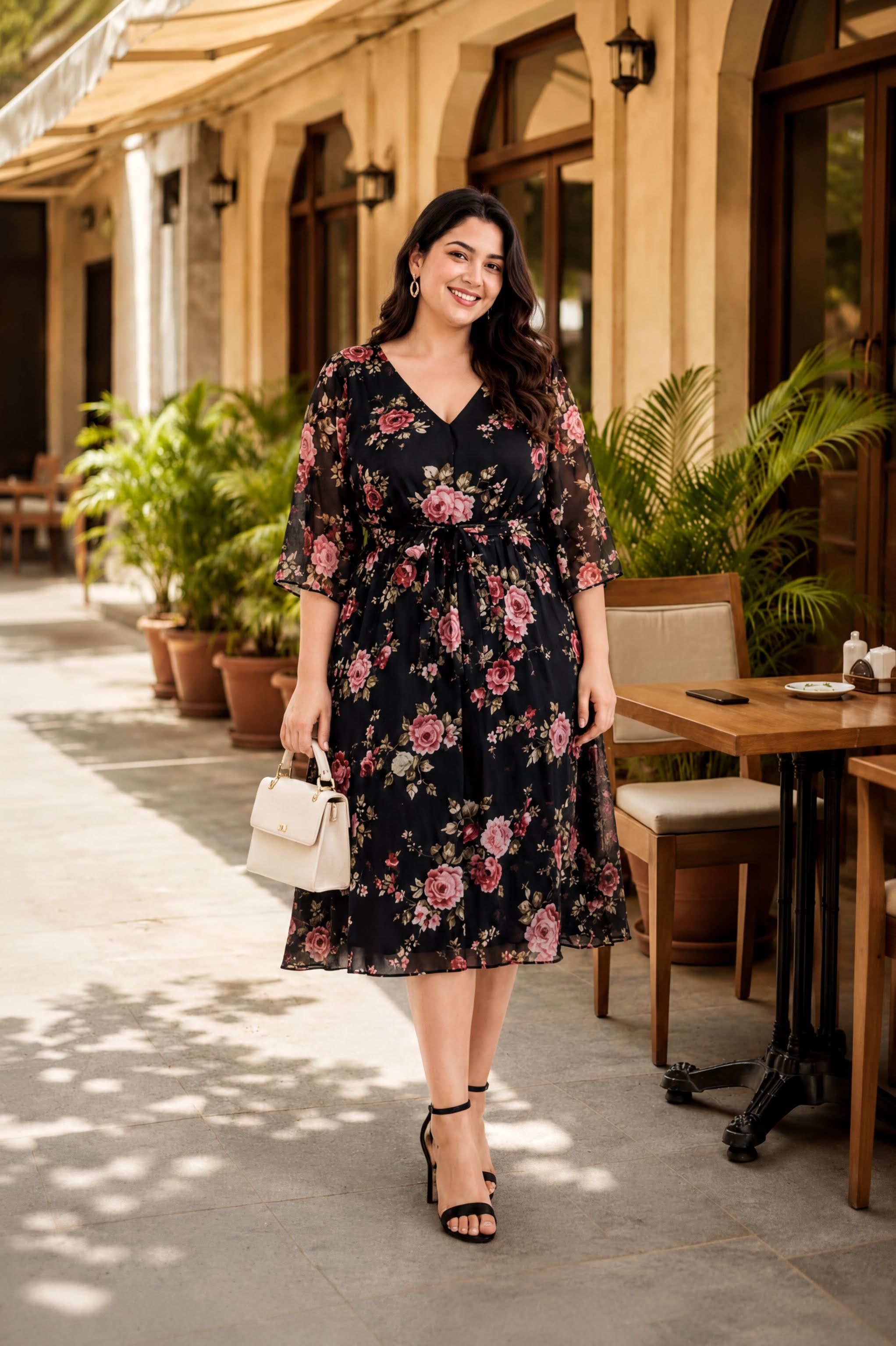 A woman wearing a black floral dress and carrying a white purse is standing in front of a building with potted plants and a wooden table.
