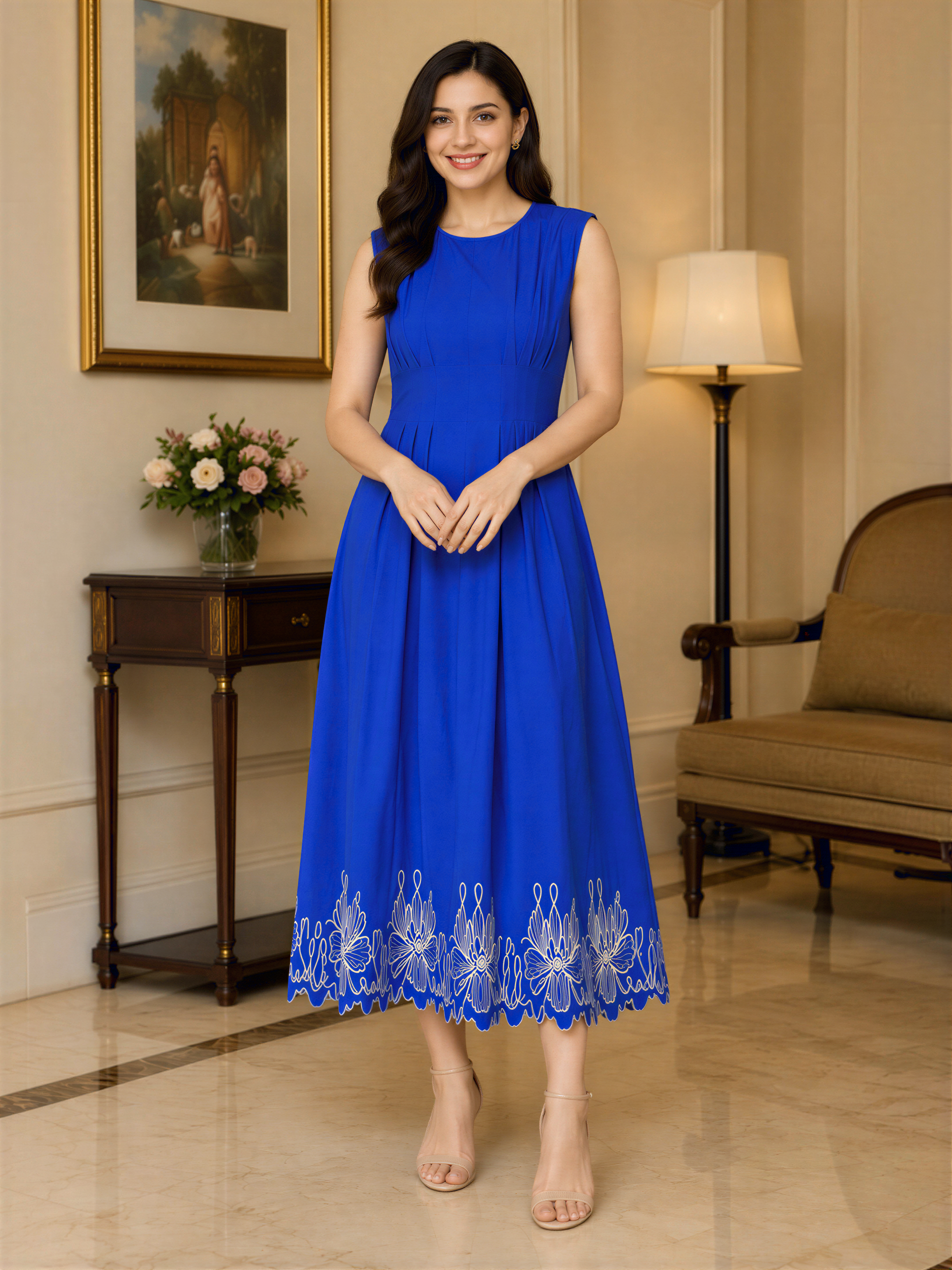 A woman in a blue dress with white floral embroidery stands in a room with a painting on the wall, a table with a vase of flowers, and a lamp.