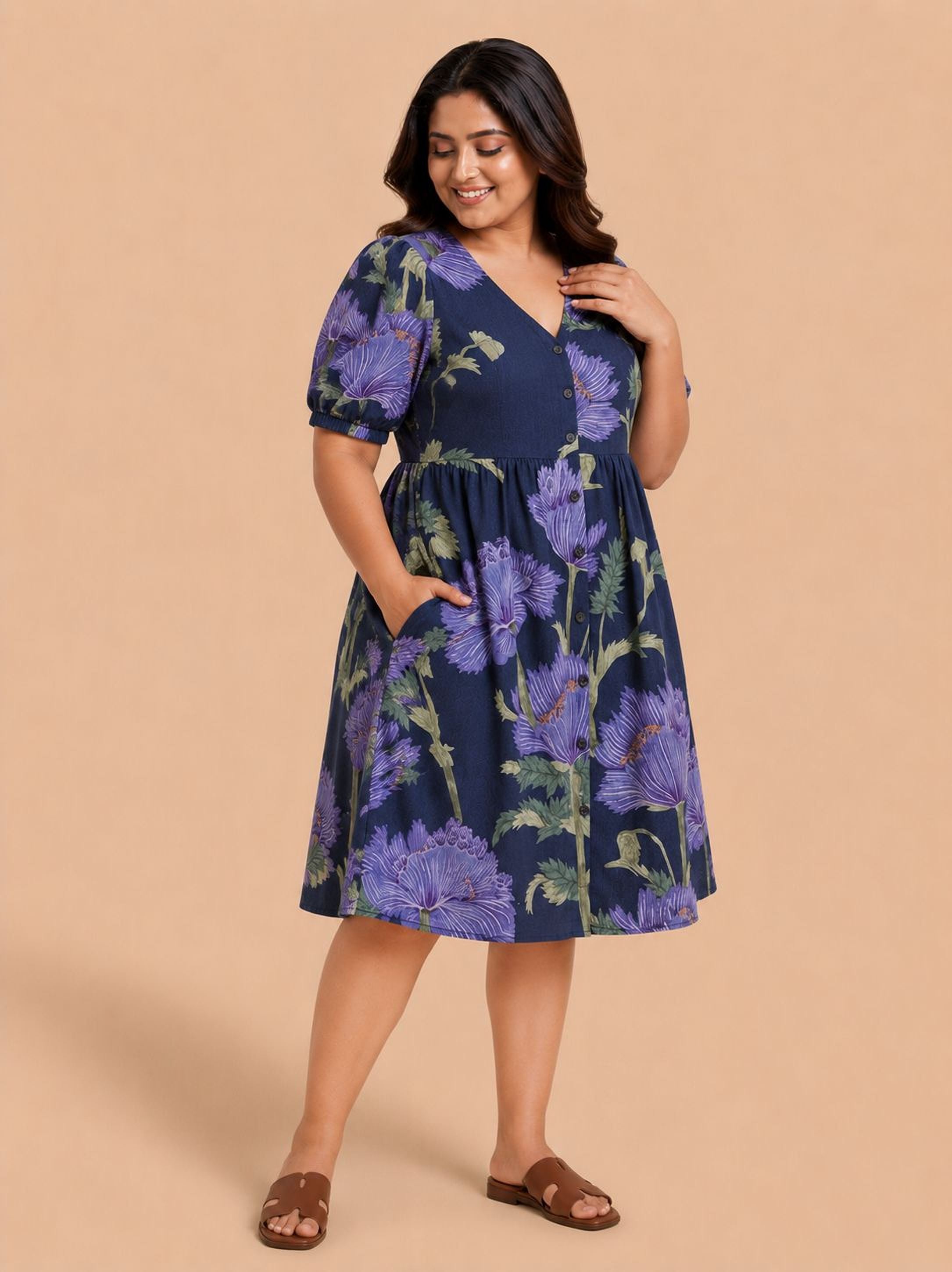 A woman wearing a blue dress with a floral print stands against a peach background, smiling and looking down at her hands.