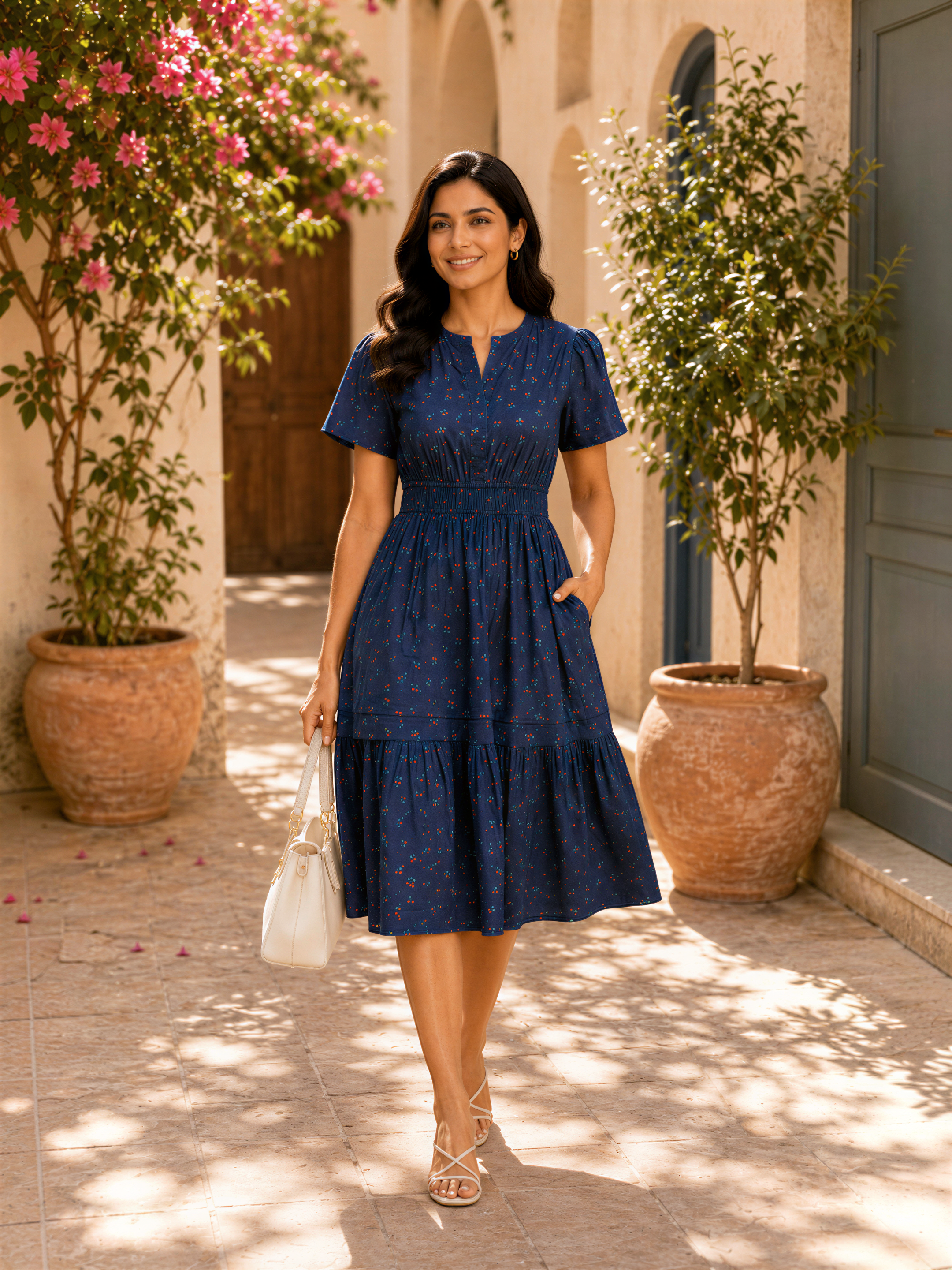 A woman in a blue dress with a ruffled skirt and short sleeves stands in front of a building with arched windows, holding a white purse and smiling.