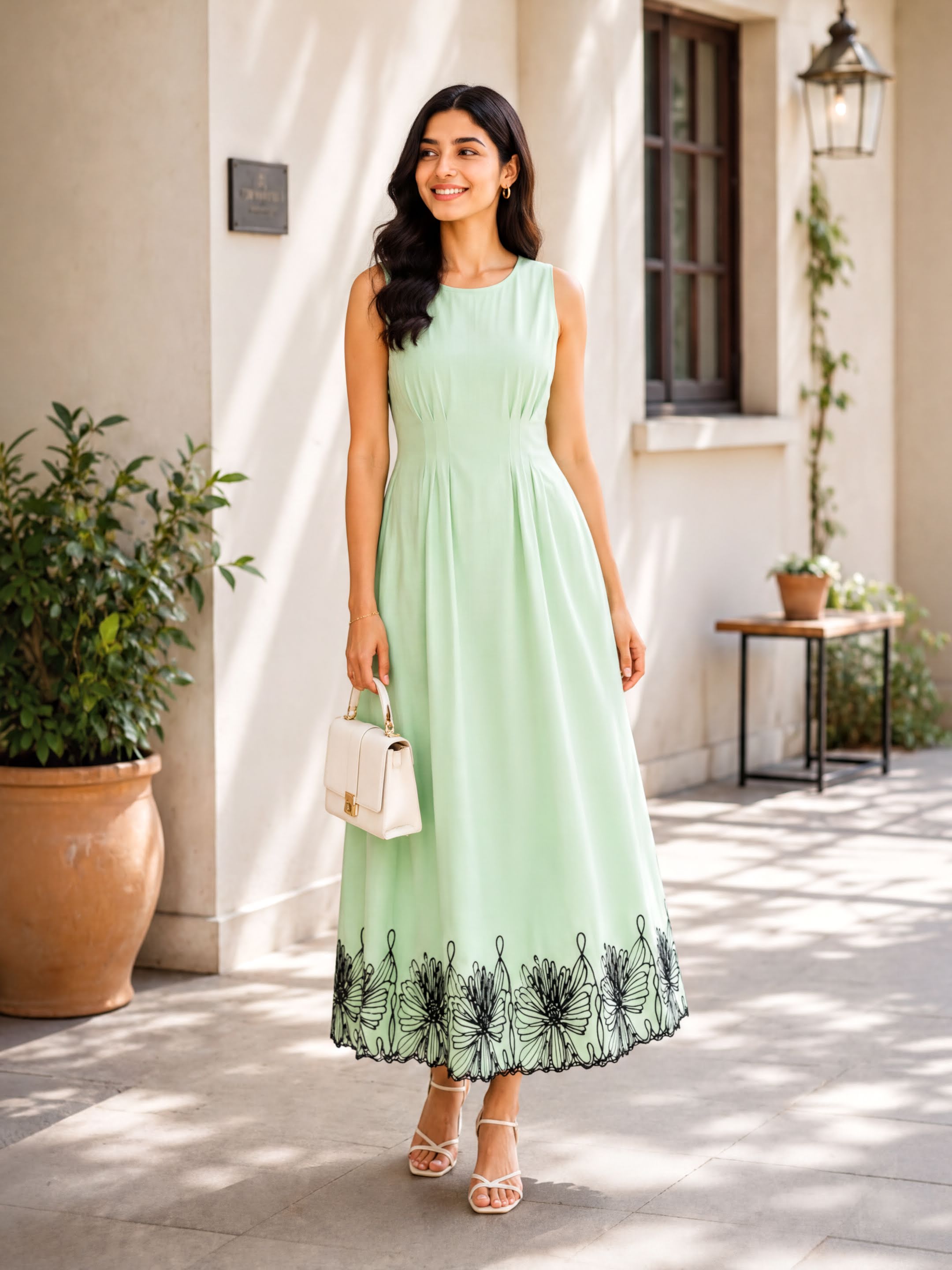 A woman wearing a mint green sleeveless dress with black floral embroidery, smiling and holding a small white purse, standing in front of a building with potted plants.