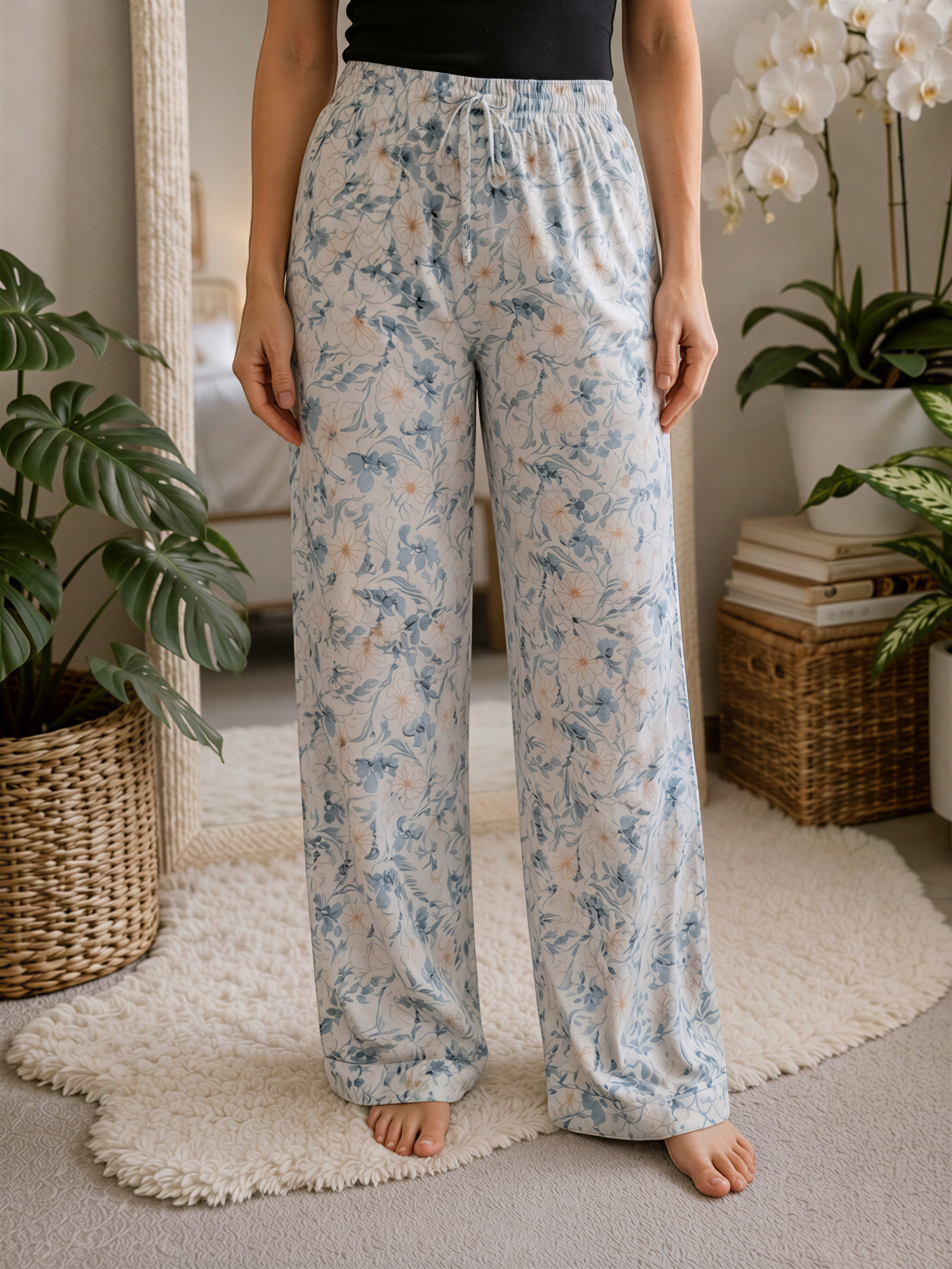 A person wearing patterned pajama pants stands in a room with potted plants and a rug.