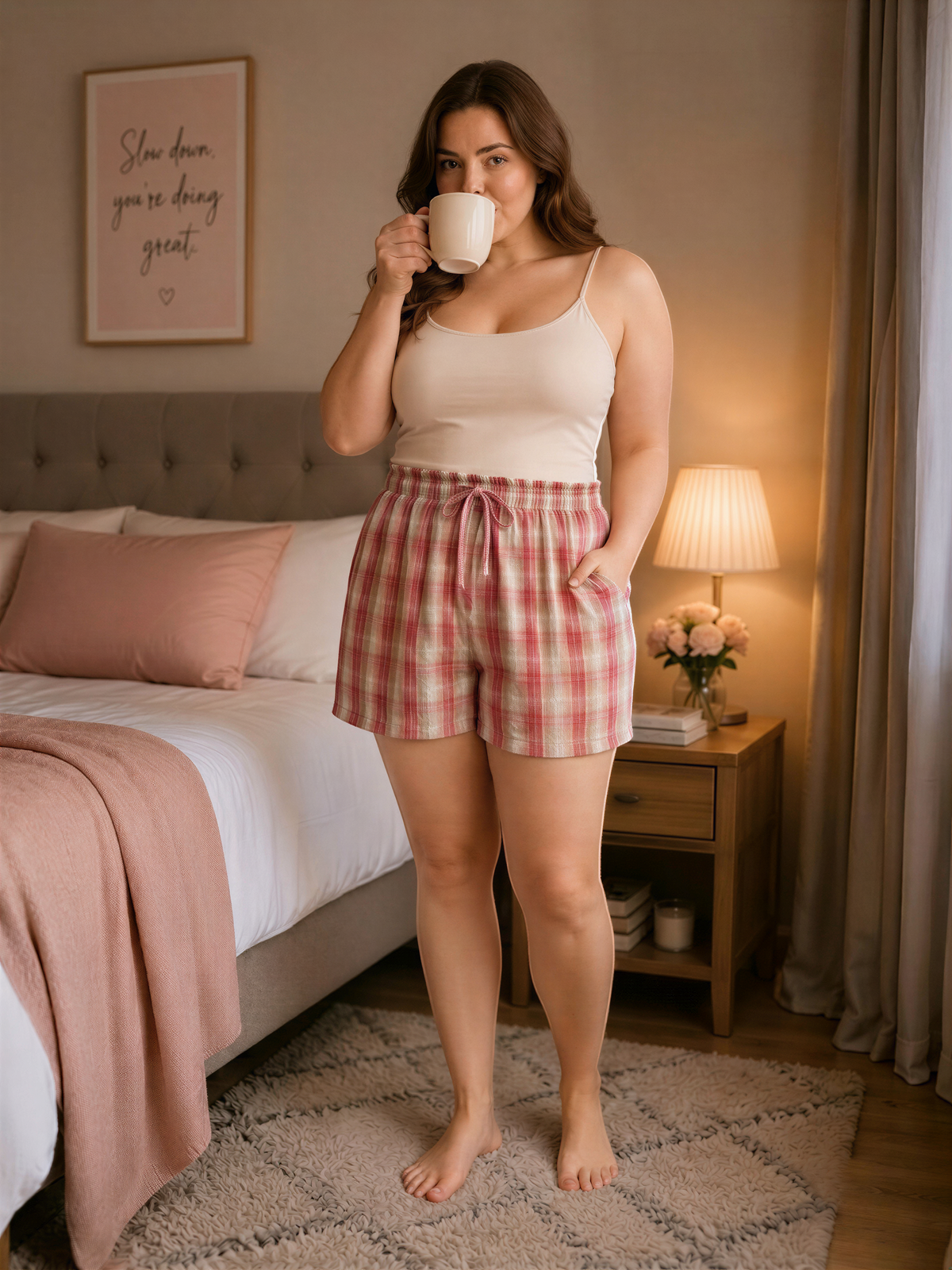 A woman in a white tank top and plaid shorts stands in a bedroom, sipping from a coffee mug.