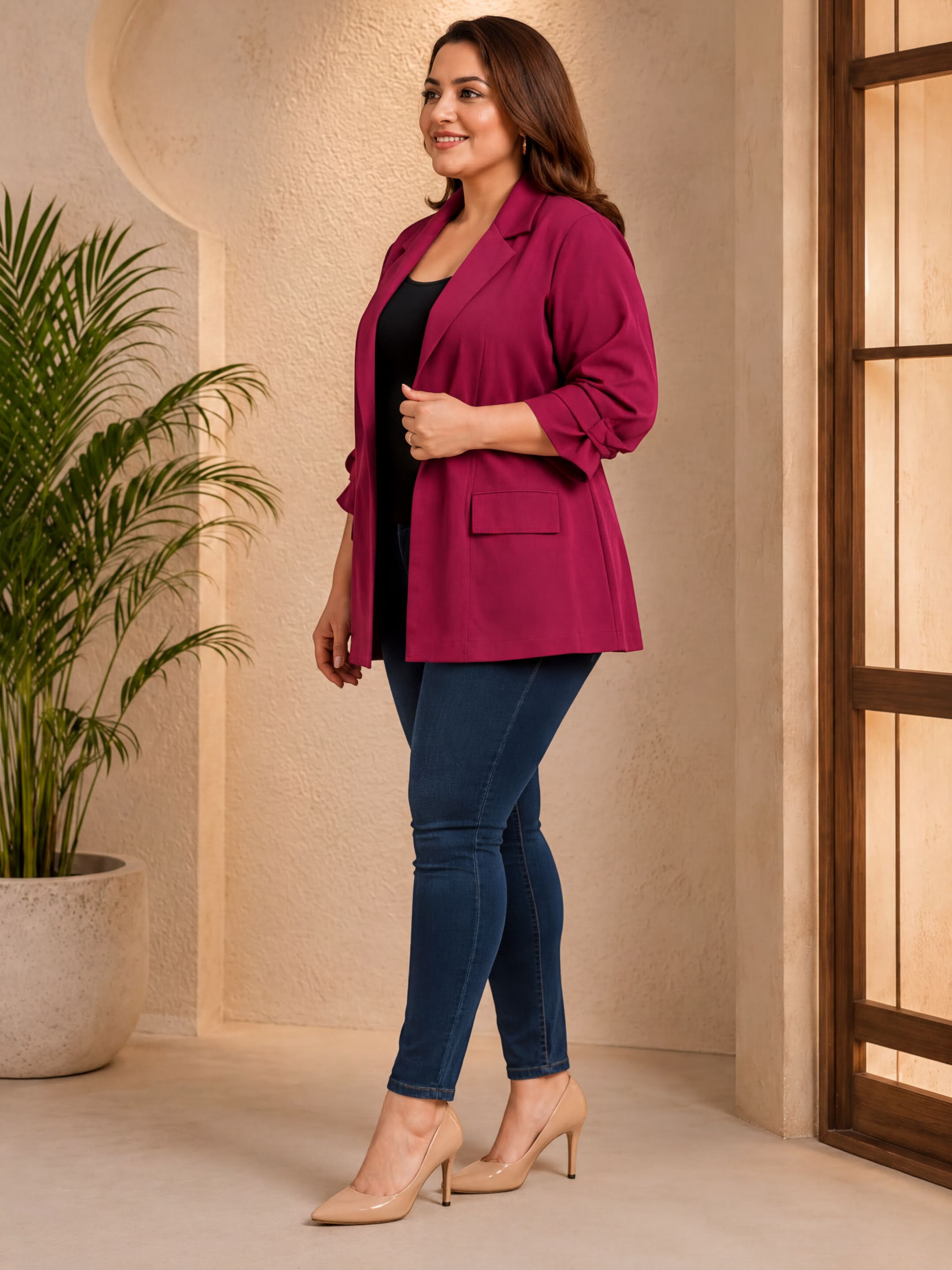 A woman wearing a burgundy blazer, blue jeans, and beige heels stands in a room with a potted plant and a window.