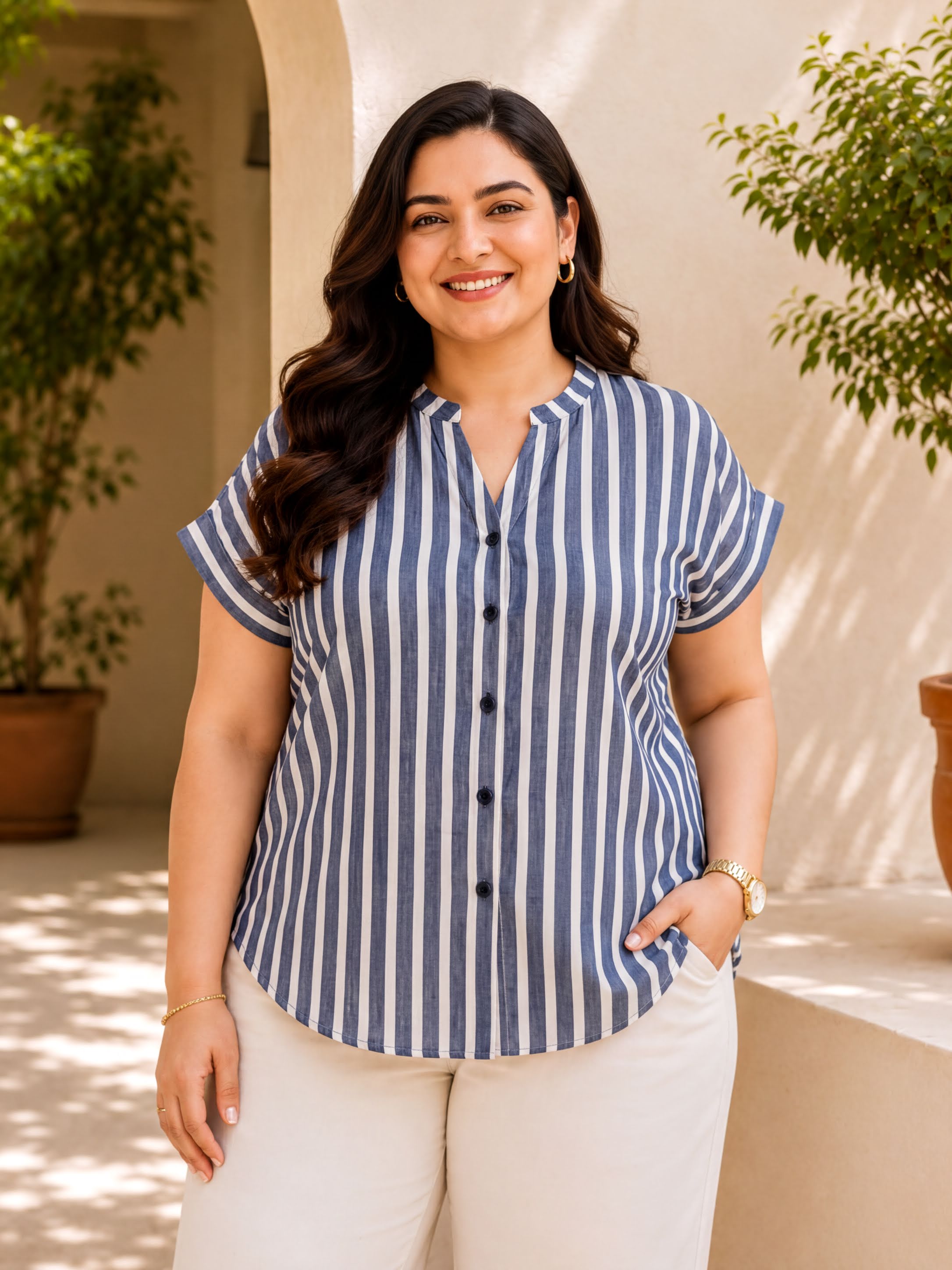 A woman with long dark hair is smiling and posing for a photo, wearing a striped blue and white blouse and white pants.