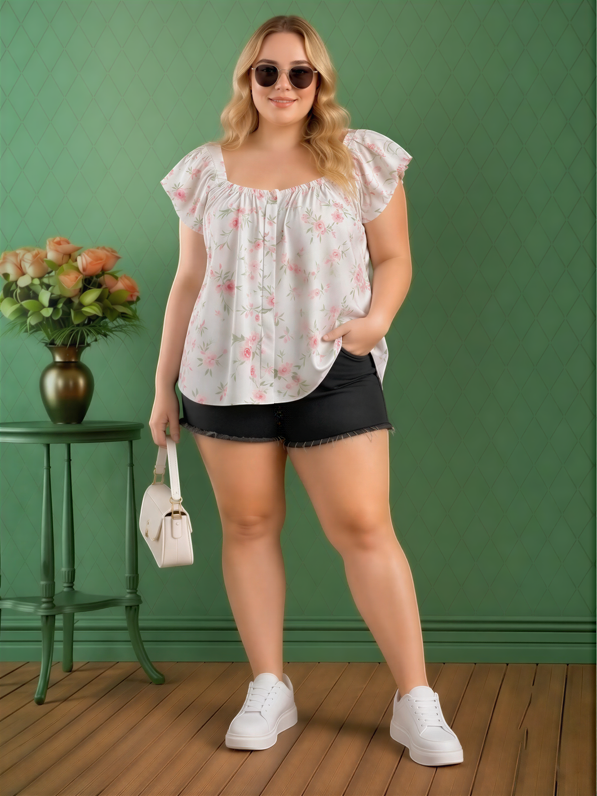 A woman wearing a white floral blouse, black shorts, and white sneakers stands in front of a green wall, holding a white purse.