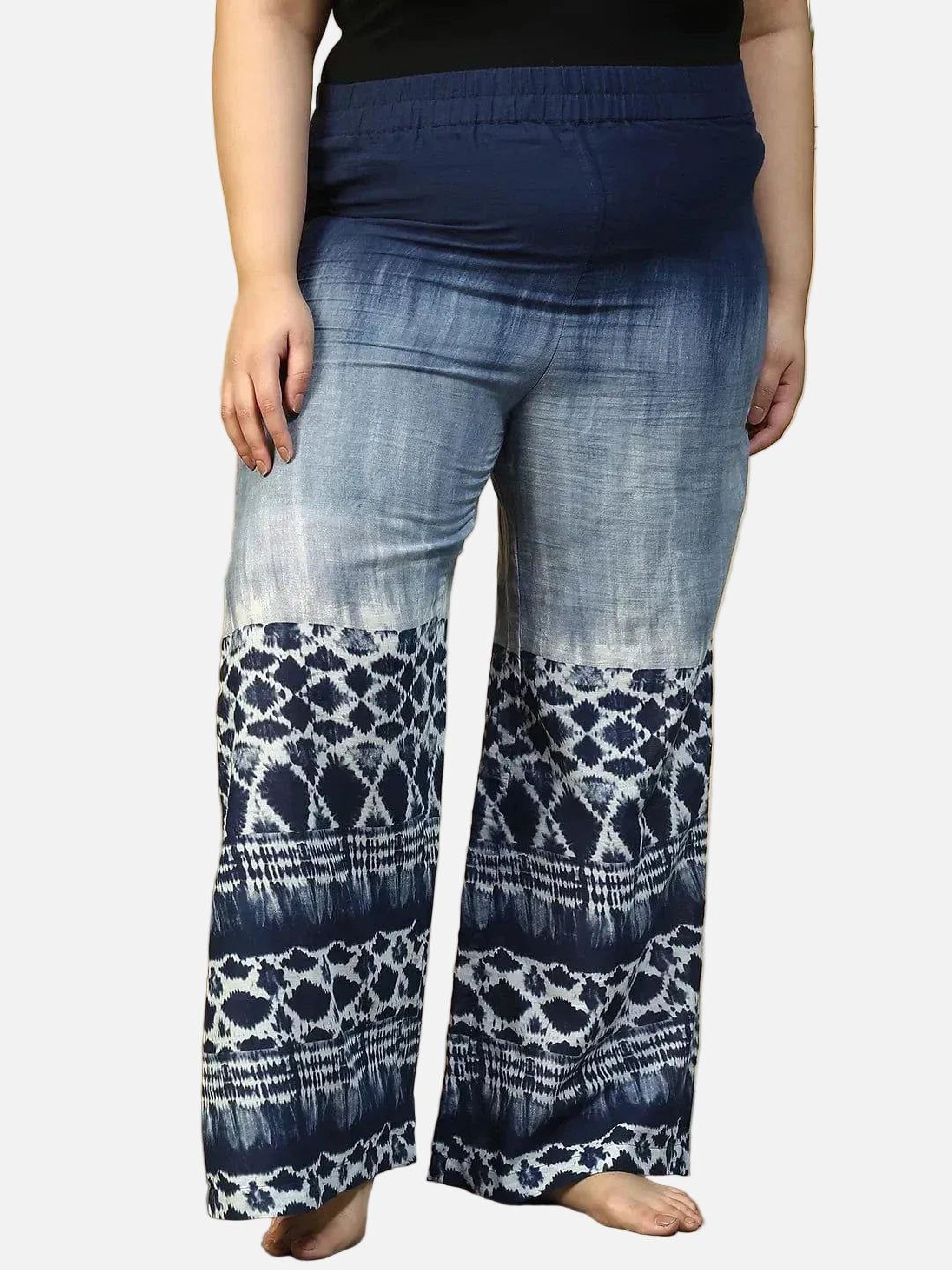 Navy Blue Tie-Dye Print Flared Elasticated Waist Plus Size Women Beachwear Cotton Pant - oxolloxo