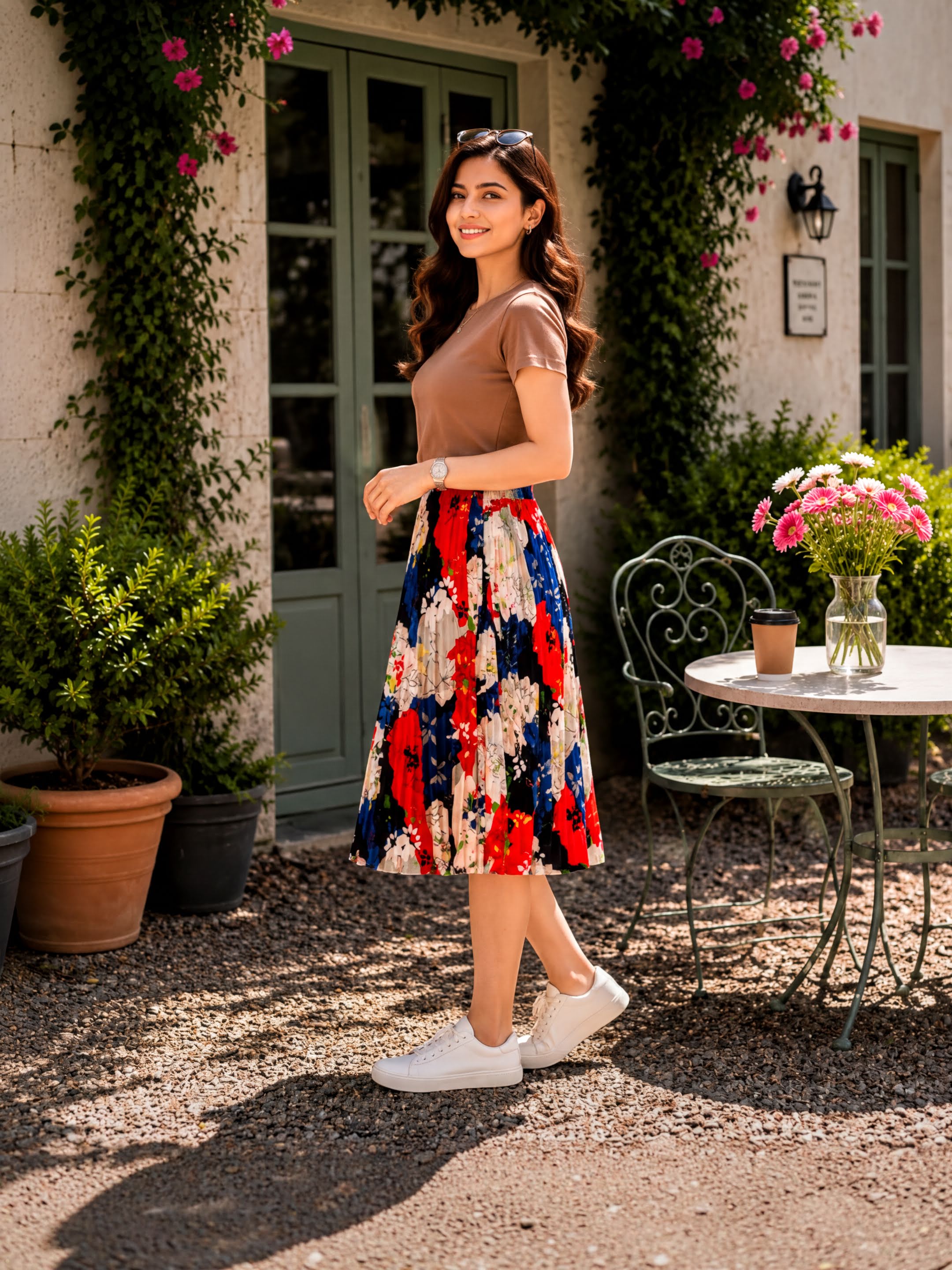 A woman in a brown top and a colorful skirt stands in front of a building with a table and flowers, smiling at the camera.