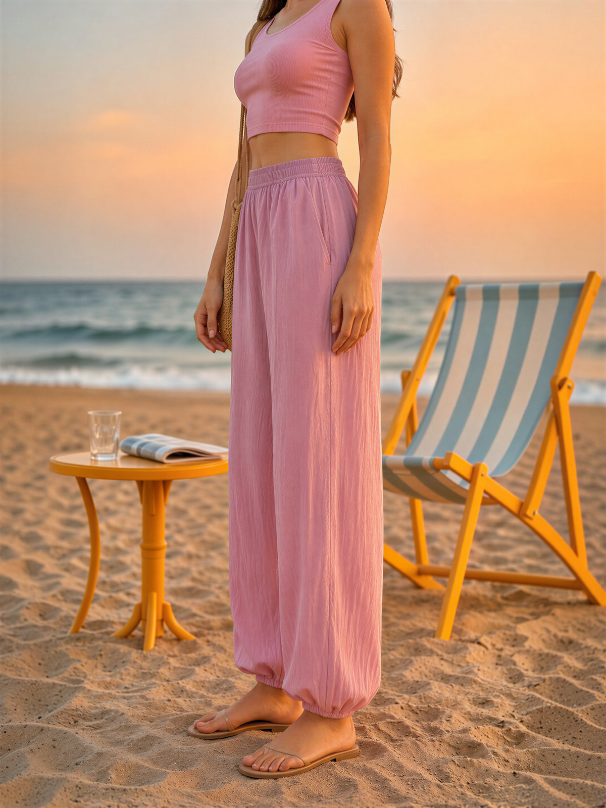 A woman in a pink outfit stands on a sandy beach, with a blue and white striped beach chair and a small table nearby.