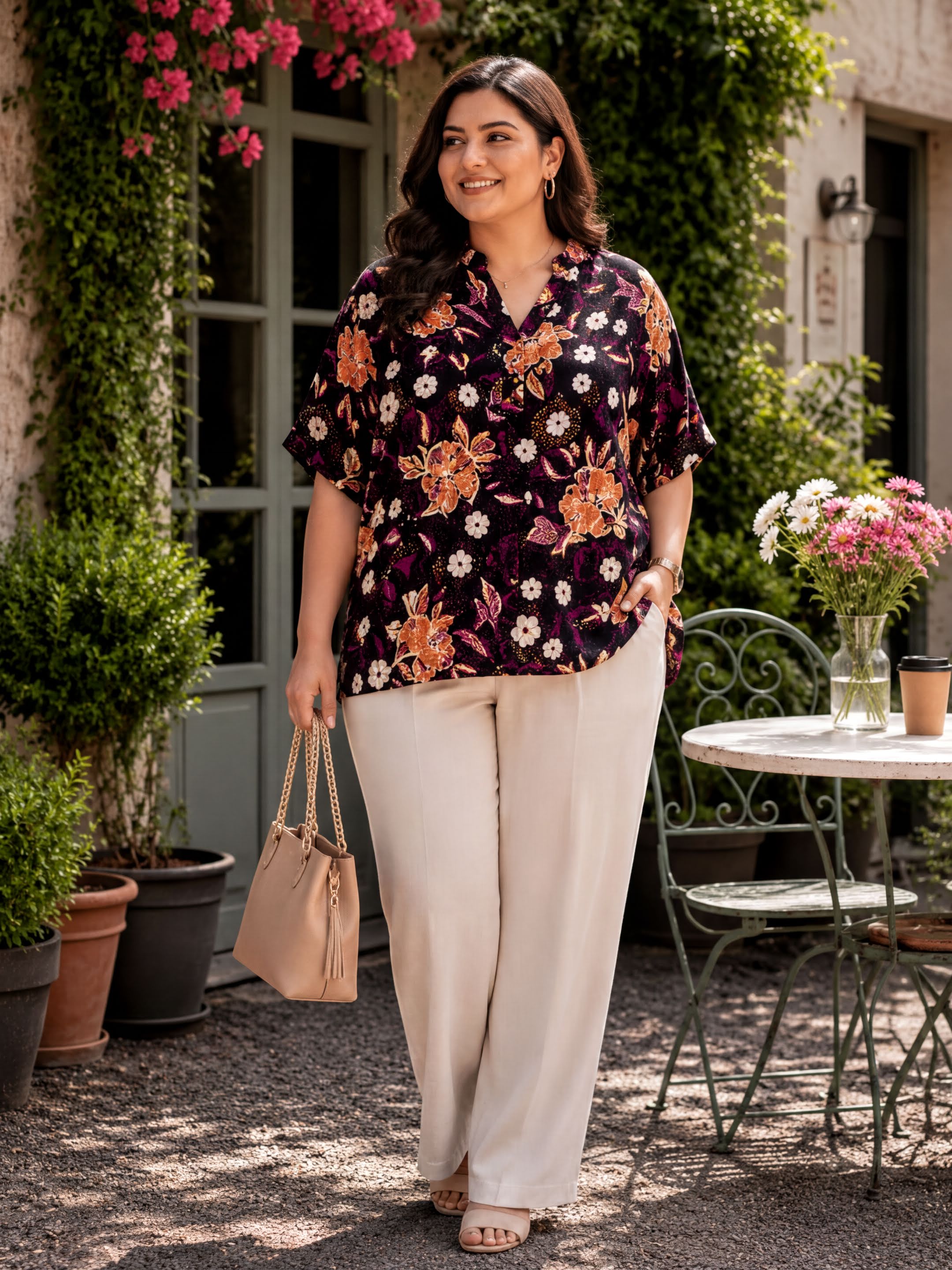 A woman wearing a floral print blouse and beige pants is standing in front of a building with a table and chairs, holding a purse and smiling.